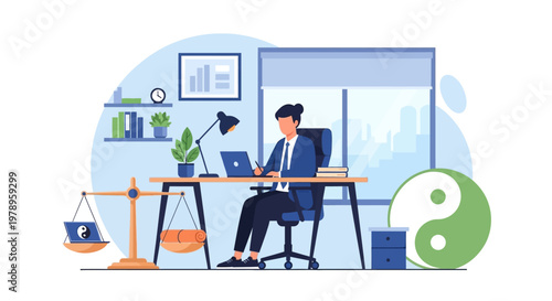 Vector illustration depicting an employee in a modern office using a laptop at their desk, part of a workplace wellness program, set against a background of balanced scales and a yin yang