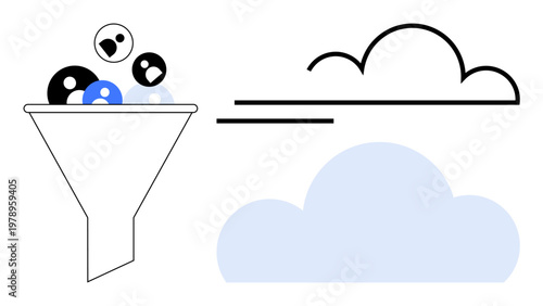 Data processing, cloud storage, technology, information transfer, cloud computing, data management. Funnel sorting black and white objects into a cloud. Data processing and cloud storage concept