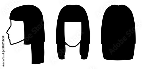 Hime cut hairstyle silhouette front profile back view, straight hair shape sharp line structure simple outline for icon, avatar, logo, minimal beauty, fashion graphic