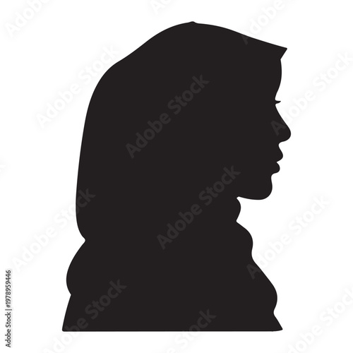 silhouette vector illustration of a Muslim woman wearing a hijab, shown in profile. A simple and elegant design representing modesty, faith, and cultural identity