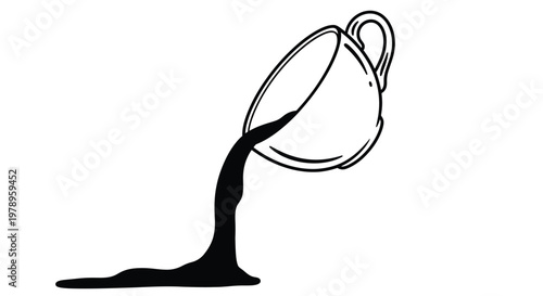 A black liquid is spilling out of a tilted white cup.