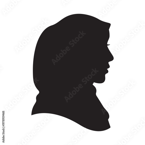 silhouette vector illustration of a Muslim woman wearing a hijab, shown in profile. A simple and elegant design representing modesty, faith, and cultural identity