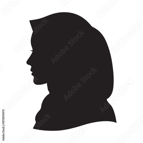 silhouette vector illustration of a Muslim woman wearing a hijab, shown in profile. A simple and elegant design representing modesty, faith, and cultural identity