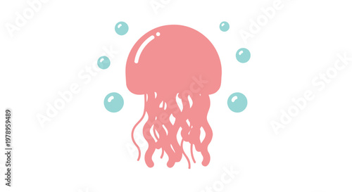 A simple illustration of a pink jellyfish surrounded by blue bubbles against a white background.