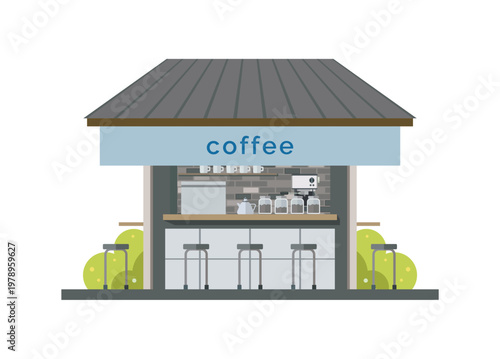 Mini coffee shop building with veranda. Simple flat illustration.