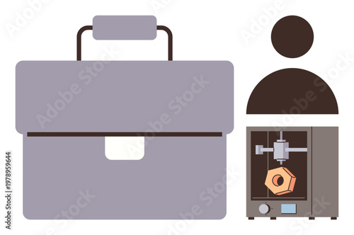 Business solutions, workplace technology, 3D manufacturing, innovation, design automation, job creation. Minimalistic icons of a briefcase, person figure and 3D printer. Business solutions