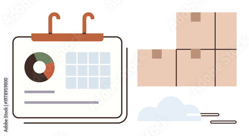 Logistics, e-commerce, supply chain, delivery process, business planning, shipment tracking. Calendar with chart, shipping boxes and movement lines. Logistics and e-commerce