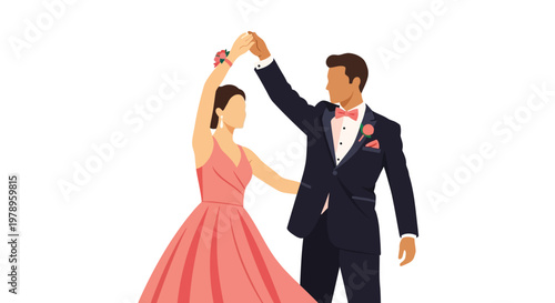 A formally dressed couple dances together at a special event, enjoying a romantic moment.