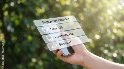 Smartphone AR overlay showing social media metrics and engagement