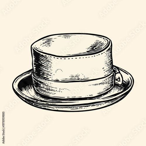 Hat depicted in a classic vintage engraving style features a formal silhouette with a distinct crown and brim detail.