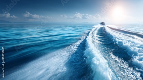Motorboat Racing Across the Ocean Leaving Water Trails and Waves Behind