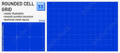 Blueprint grid system rounded cell geometry, zoom detail view. Smooth junction structure demonstration, engineering diagrams dashboards planning layouts interface systems digital graphics. 