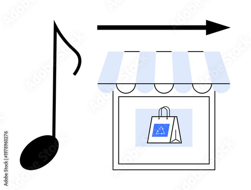 Music, sustainability, e-commerce, recycling, online shopping, eco-friendly branding. Black musical note, store with a recycling bag forward arrow. Sustainability and e-commerce concept