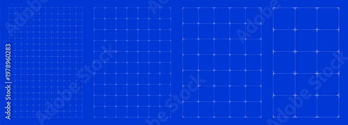 Blueprint grid set Line Cross matrix geometry, four scale variations. Wide medium dense micro spacing comparison, engineering layouts dashboards notebook pages interface planning systems graphics. 