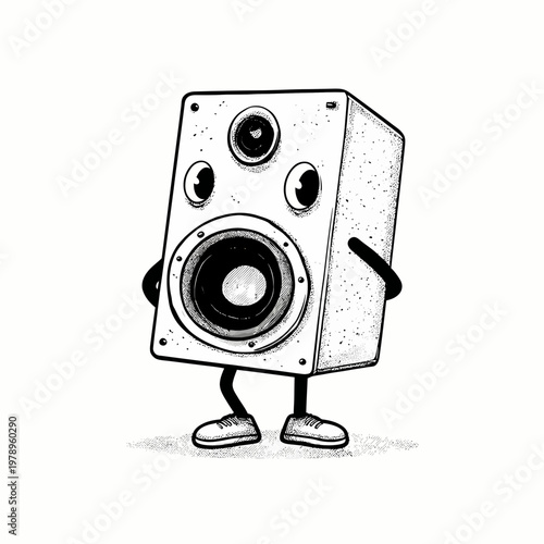 A black and white illustration of a large speaker cabinet with a smiley face and arms, wearing tiny shoes, and standing as if to dance.