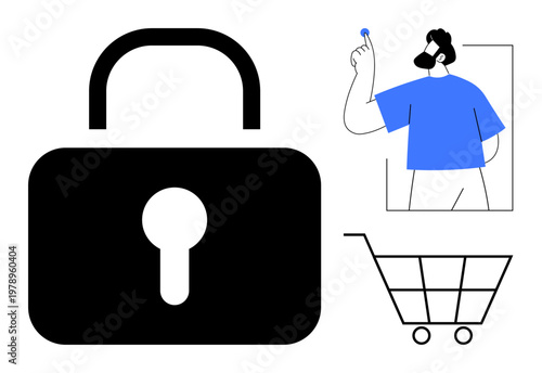 E-commerce, data security, identity protection, online transactions, digital authentication, cyber safety. A lock, a shopping cart and a person holding a digital key. E-commerce and data security