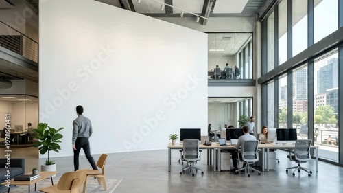 A large pristine white wall mockup dominates a bright modern office interior with high ceilings and open space, clean architectural lines and soft natural light creating a polished corporate