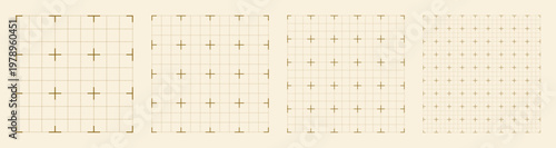 Square grid collection curved cross geometry, four samples blueprint style. Smooth junction lattice structure, interface editorial compositions planning sheets dashboards digital technology graphics. 