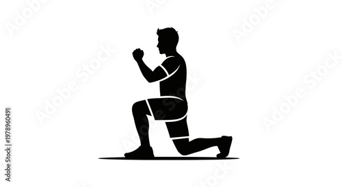 Silhouette of a man performing a lunge exercise, fitness, workout, isolated on white background