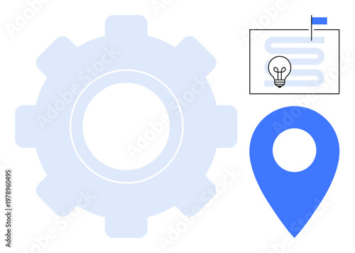 Strategy concept. Gear, blue navigation pin, and a pathway with lightbulb innovation and direction. Strategy for goal setting, project management, planning, innovation, and process optimization