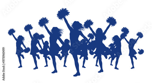Silhouette cheerleaders team dancing with pom-poms, energetic sports performance