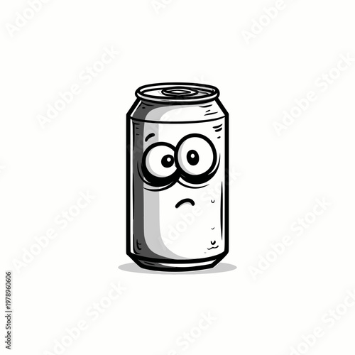Soda can character with a sad expression displays a melancholic mood in this whimsical black and white hand-drawn illustration.