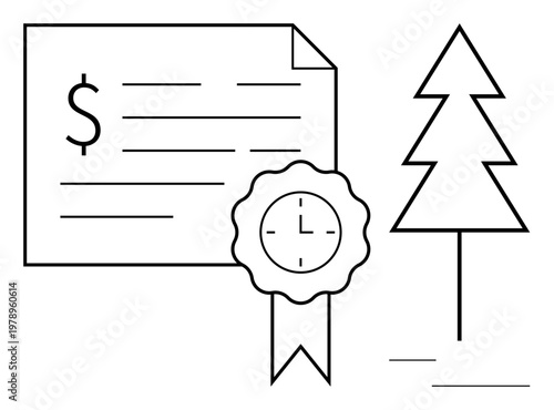 Financial investment, certificates, sustainability, eco-friendly practices, business validation, renewable resources. Minimal certificate with a seal and tree design. Investment and sustainability