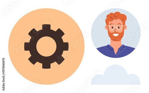 Technology, user interface design, networking, IT services, cloud computing, system processes. Gear icon with a human avatar and cloud shape. Technology and user interface design concepts