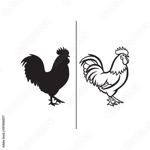 Black and white rooster illustrations side by side on white background