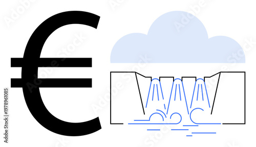 Renewable energy, financial policies, hydroelectric power, sustainability, climate action, eco-friendly solutions. Euro symbol next to a hydropower dam and cloud. Renewable energy and financial