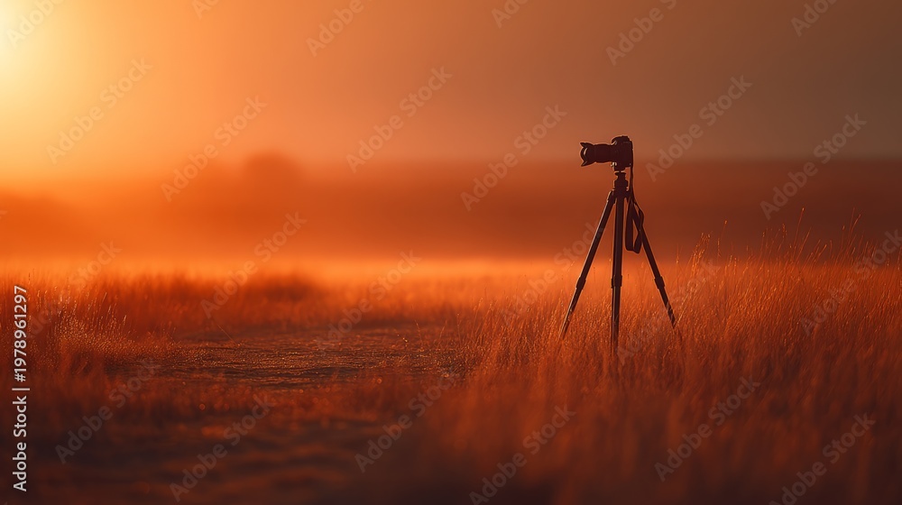 Naklejka premium Tripod Standing Alone in Open Field during Golden Hour Sunset