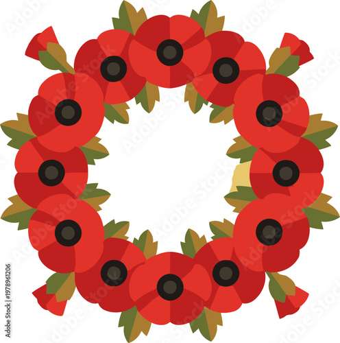 striking wreath of poppies encircles an ANZAC badge symbolizing remembrance and honoring fallen soldiers  Bold colors and a clear composition