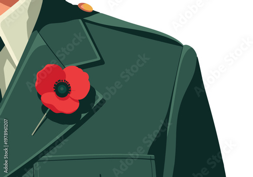 A stylish military jacket adorned with a vibrant poppy pin.  Bold color, formal, and evocative of remembrance. Perfect for honoring veterans.