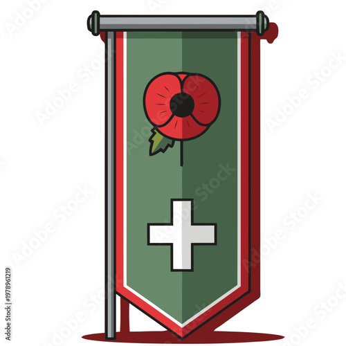 A stylized ANZAC Day banner featuring a poppy and cross. Bold colors and a modern illustration style. Suitable for remembrance and commemorative designs.
