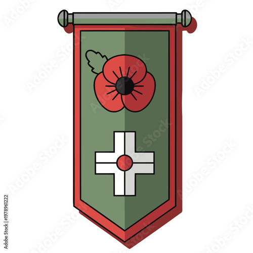 A stylized banner poppy design for Anzac Day, featuring a red poppy and a cross on a green shield. Bold, graphic style. Suitable for remembrance and commemorative themes.