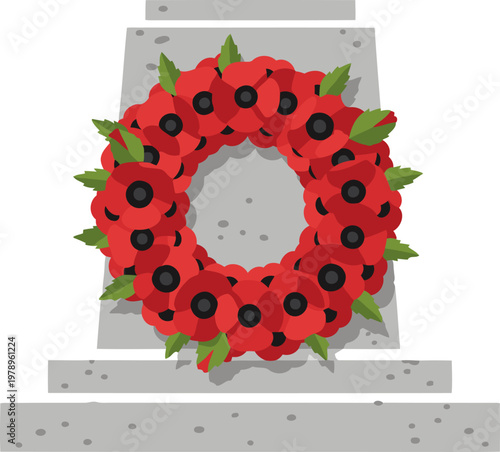 A stylized illustration of a cenotaph wreath with poppies, symbolizing remembrance. Clean, modern design with text overlay. Suitable for memorial, remembrance, and patriotic themes.