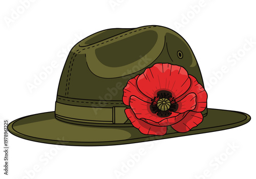 A stylized illustration features a military hat adorned with a red poppy, symbolizing soldier honor. Clean lines and a muted color palette create a poignant and visually striking design.