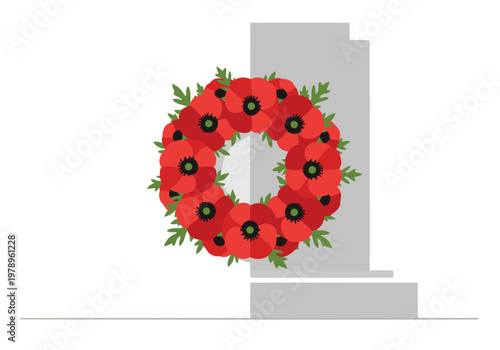 A stylized wreath cenotaph with poppies, symbolizing remembrance. Clean, modern design with a stark white background. ?Lest We Forget? text. Suitable for memorial or remembrance themes.