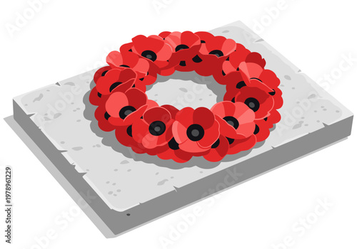 A stylized stone wreath with poppies rests on a concrete slab. ?Stone Wreath Eternal Thanks? text overlay. Modern, minimalist design. Suitable for remembrance themes.