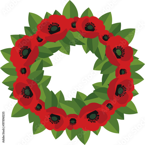 A stylized wreath of red poppies symbolizes eternal memory. This elegant design features a dark green background and a modern, graphic style, ideal for remembrance and memorial themes.