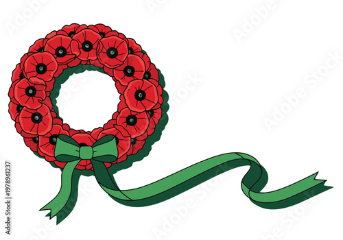 A stylized wreath of red poppies with a green ribbon, evoking Remembrance Day. Simple, elegant design suitable for memorial or patriotic themes.  Clean composition, dark background.