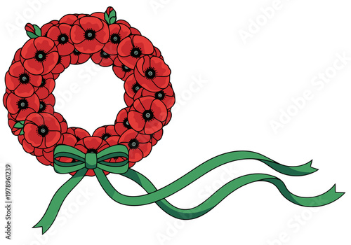 A stylized wreath of poppies with a ribbon, perfect for Remembrance Day or honoring veterans. Bold, graphic design on a dark green background. Ideal for memorial themes and remembrance campaigns.