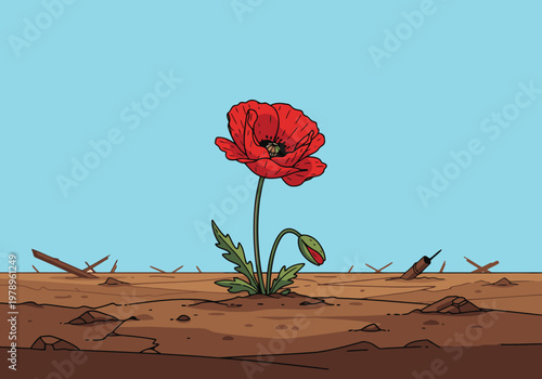 A vibrant poppy blooms amidst a desolate, war-torn landscape. Bold red flower against a muted brown backdrop. Evokes remembrance and resilience.