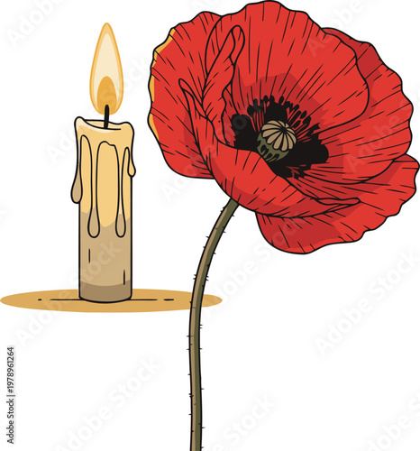A warm image featuring a lit candle and a vibrant poppy. Soft lighting and a muted background evoke remembrance and quiet reflection. Suitable for memorial or remembrance themes.