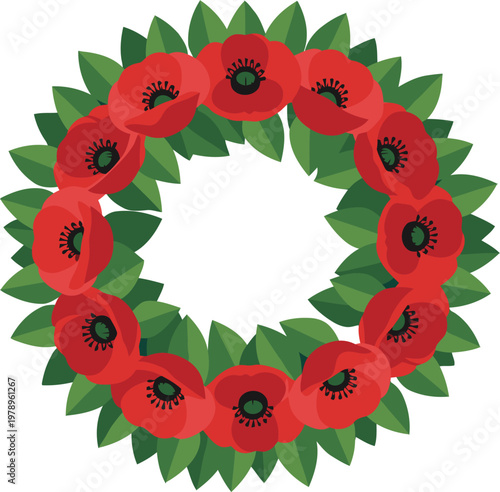 A vibrant wreath of red poppies symbolizes eternal memory. This elegant design features a dark green background, perfect for remembrance and memorial themes. Suitable for various commercial uses.