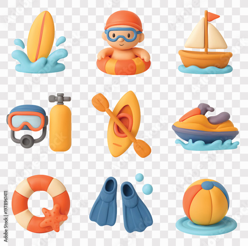 Water Sports Vector Icon Set | 3D icon set | surfboard, boy swimming, small sailboat, scuba diving mask and oxygen tank, yellow kayak, jet ski, lifebuoy, pair swimming fins, beach ball 