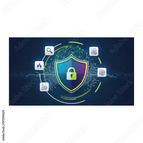 Advanced cybersecurity shield protecting networks, detecting threats, preventing breaches, ensuring data integrity
