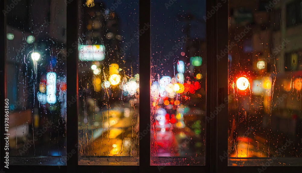 Obraz premium Rainy city lights through window with colorful bokeh at night