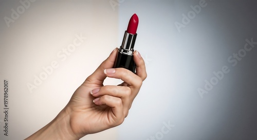 Hand holding red lipstick on gradient background  