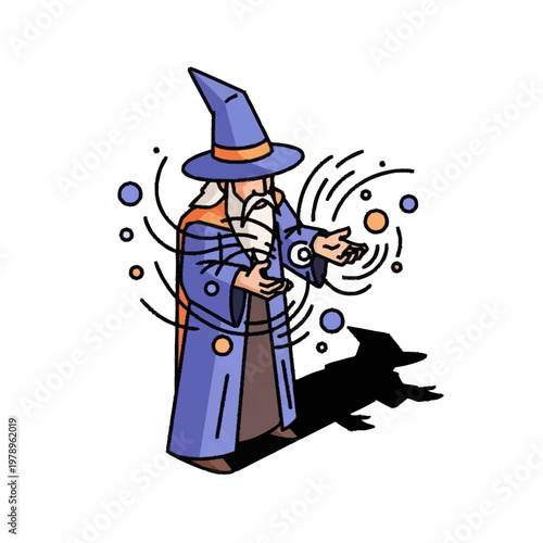 a wizard conjures magic with his hands.